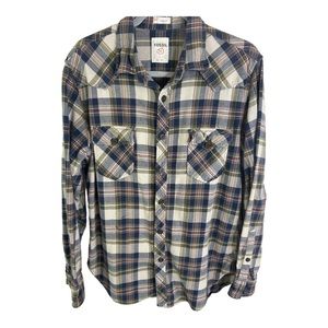 Fossil Shirt Mens Size Large Brown White Plaid Button Down Cotton A427
